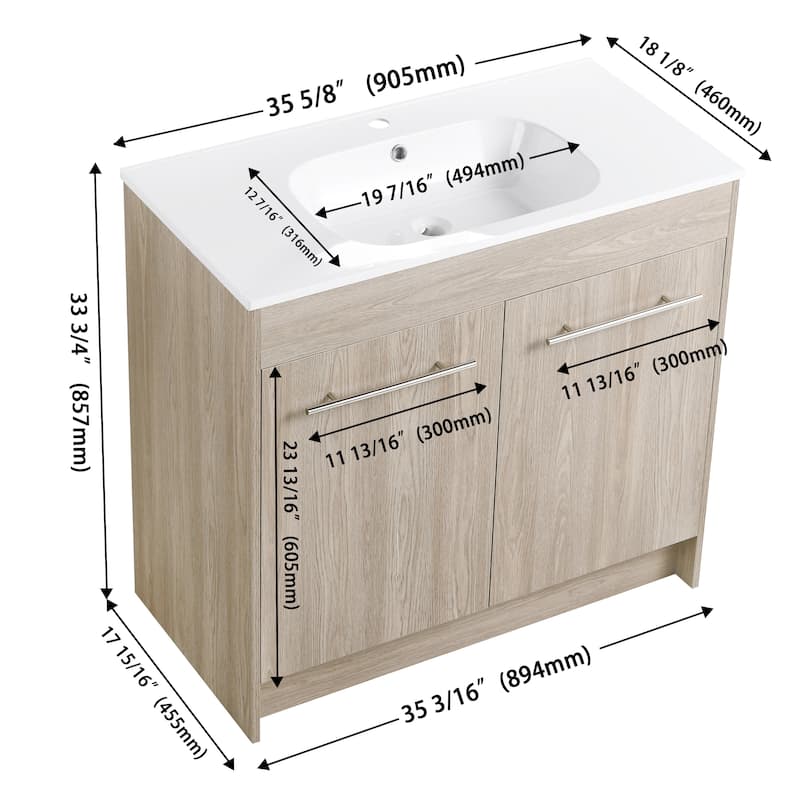 36" Freestanding Bathroom Vanity with Resin Sink and 2Door Storage